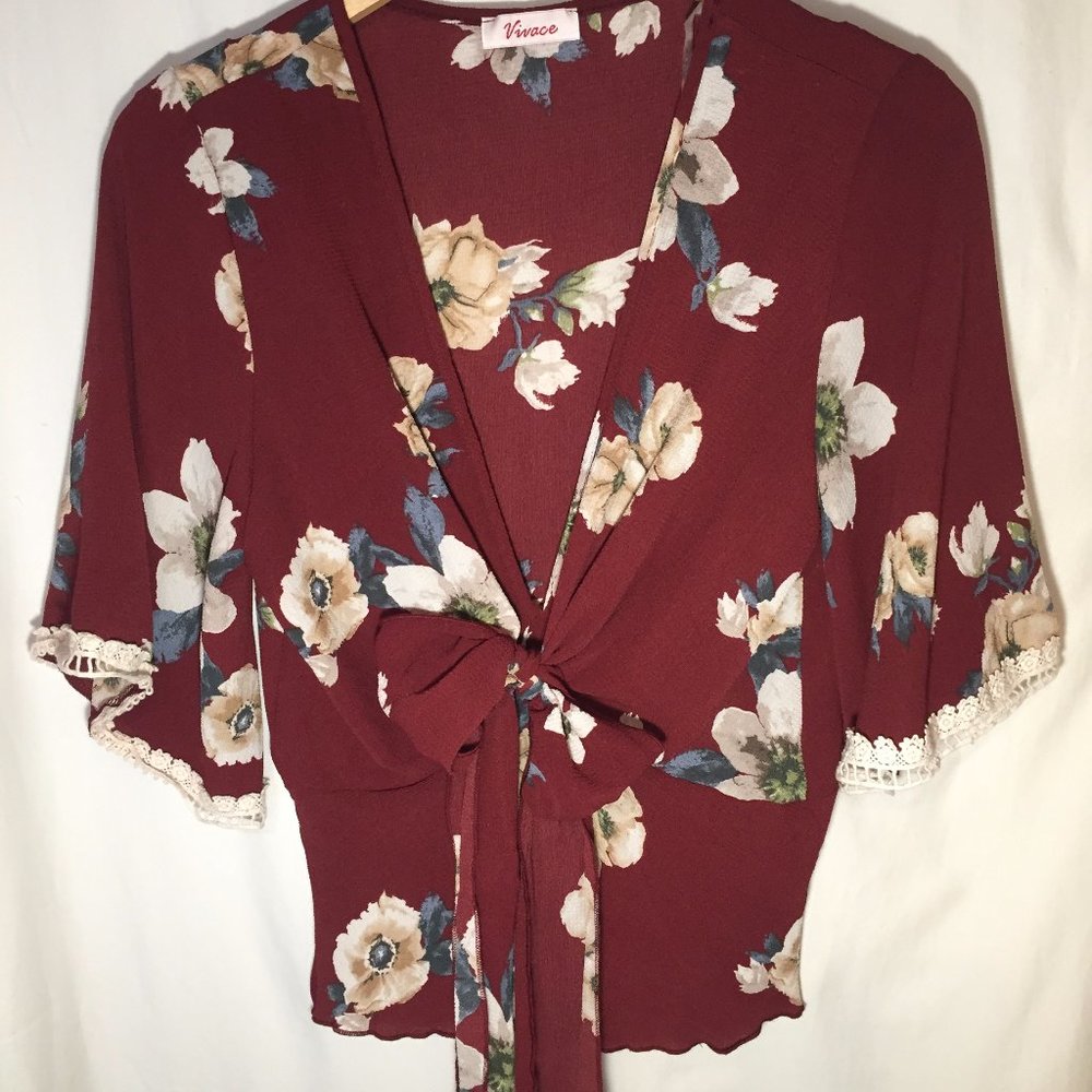 Maroon Floral Tie Front Peplum Crop Top